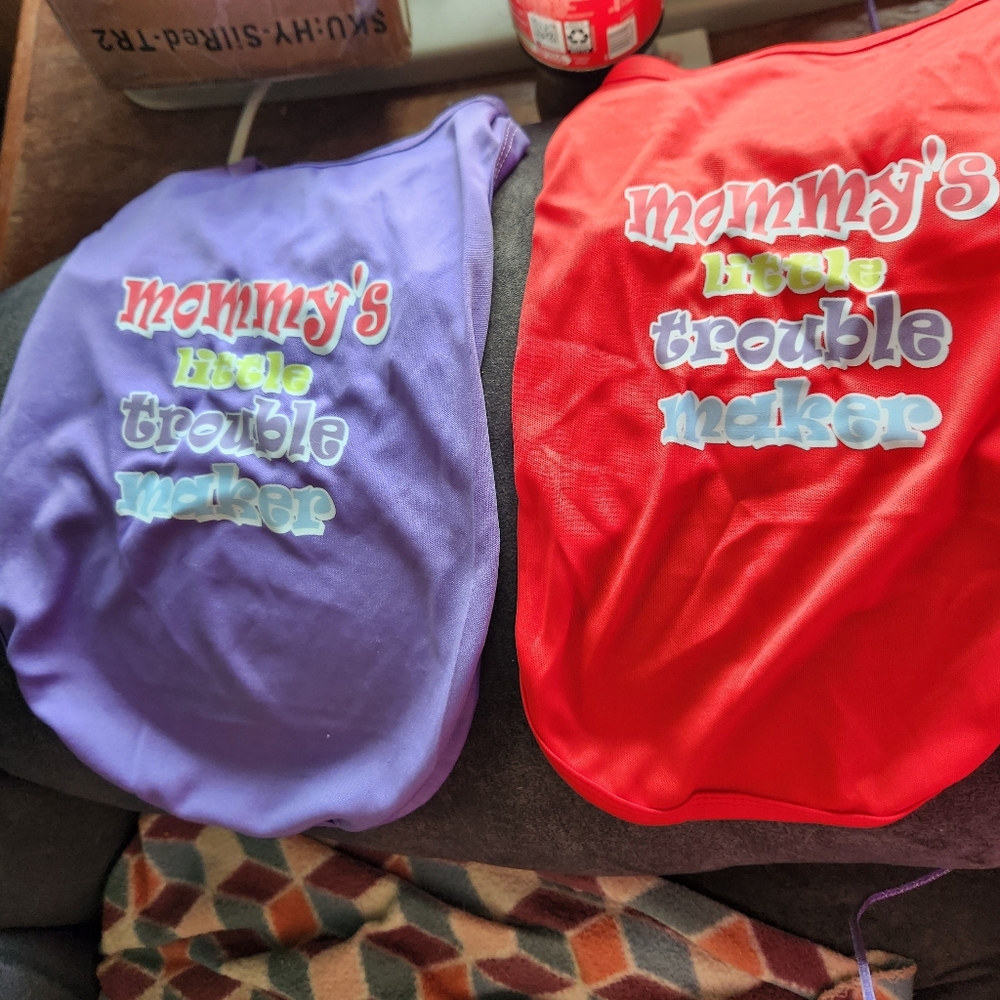 Red and Purple Small Dog Shirts with Fun Text. Brand New Out Of Package